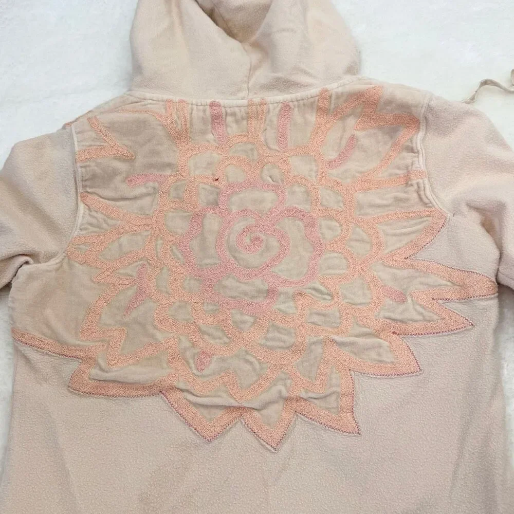 Free People Peach Floral Embroidered Pull-Over Hoodie Velvet Accents Medium Weig